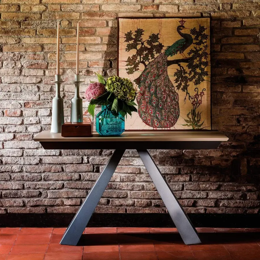 Exceptional Cattelan Italia Convivium console to table with light brown walnut laminated wood and matte grey embossed lacquered steel base