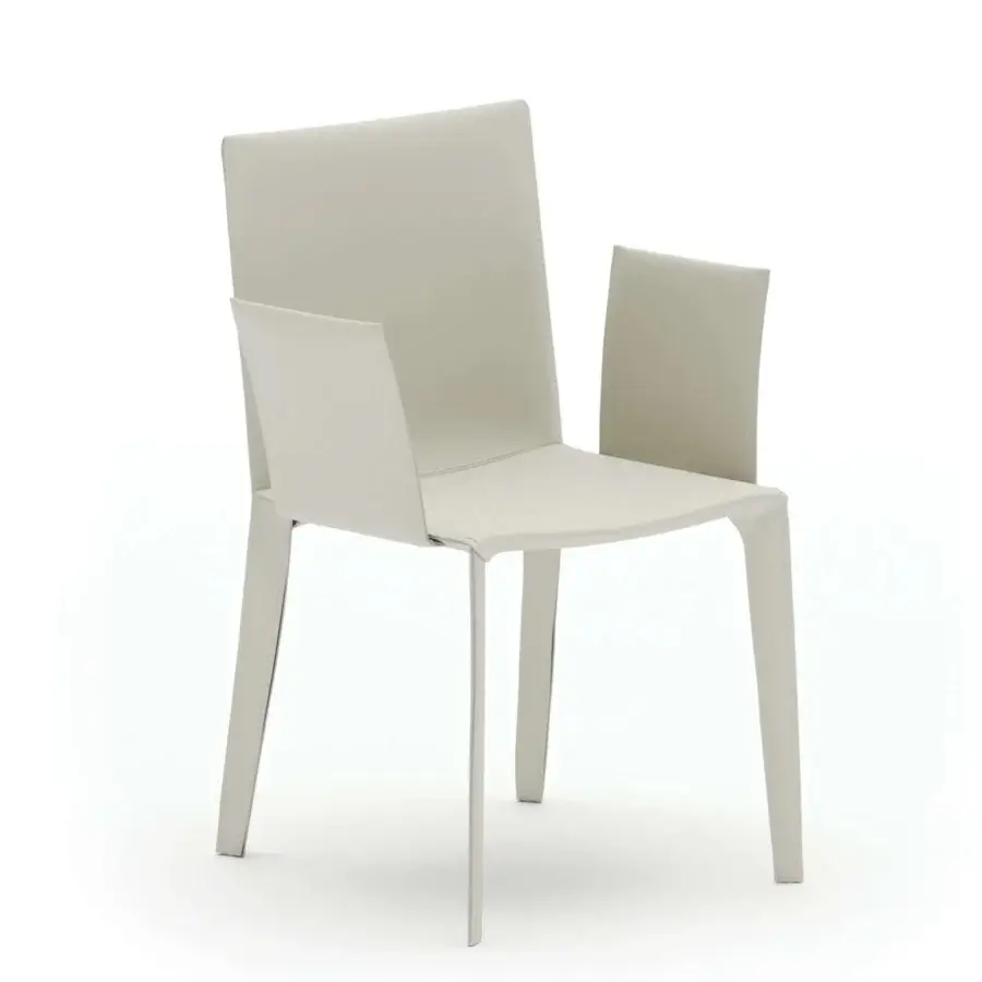 Distinguished Ozzio Italia Frisbee chair in light gray leather presents angular lines with integrated armrests and slender legs