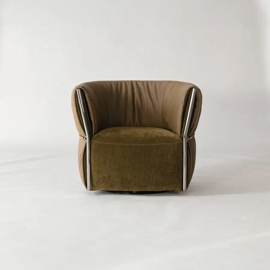 Distinctive Cierre1972 Belt swivel lounge chair with olive green textile and brown leather shell supported by chrome-plated metal