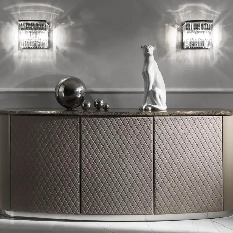 Exceptional DV Home Collection Vogue sideboard crafted in Italy with quilted leather doors and a dark marble-like top in matte lacquer