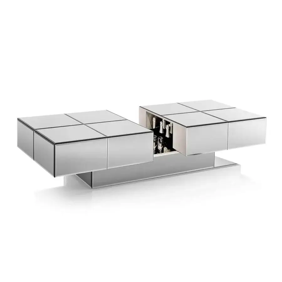 Distinguished DV Home Collection Envy coffee table crafted in Italy with mirrored glass and silver finish revealing a hidden bar