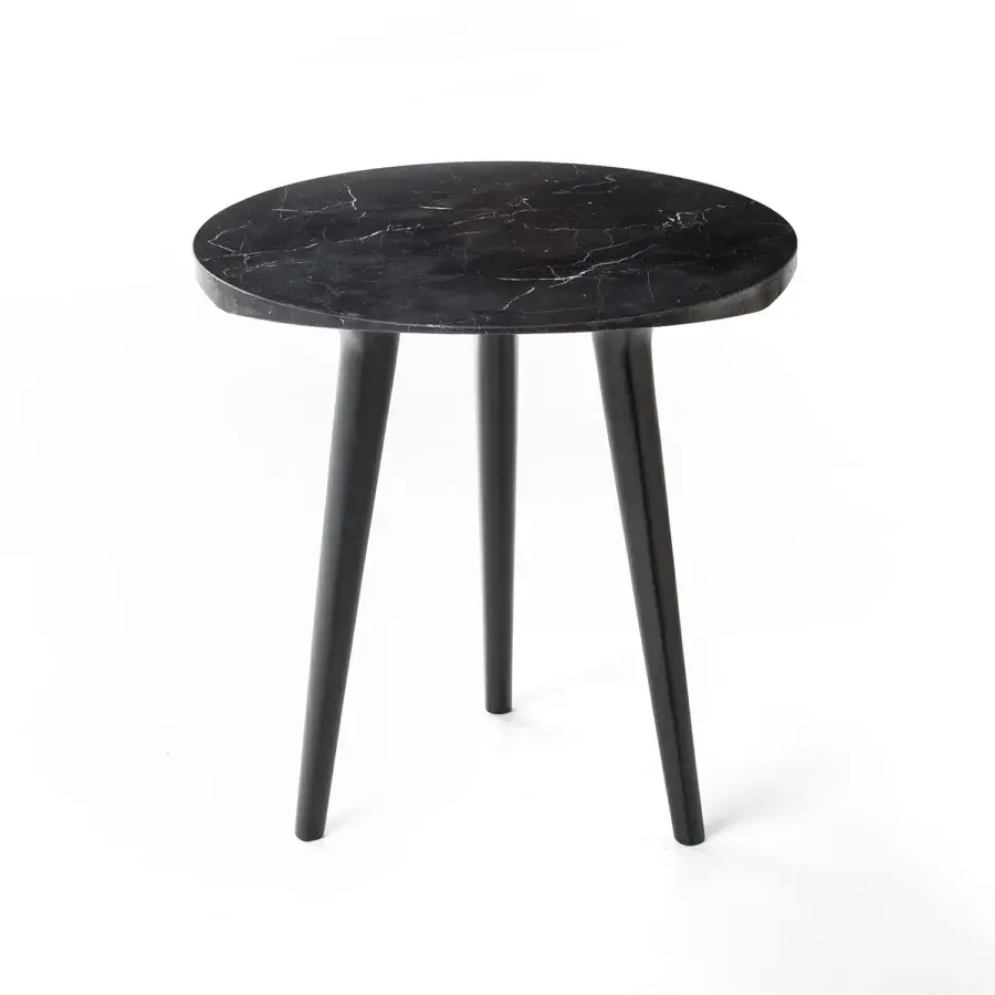 Distinguished Bross Ademar coffee table with round dark marble top and lacquered wood legs crafted in Italy