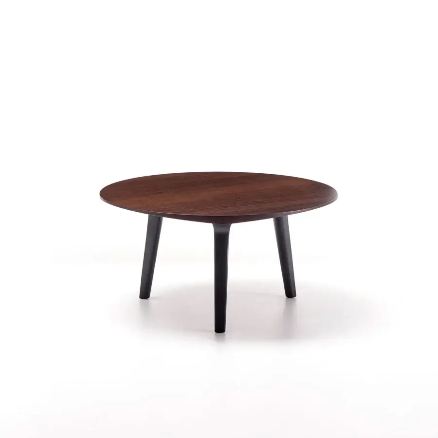 Exceptional Bross Ademar coffee table with circular dark brown wood top and matte black lacquered legs