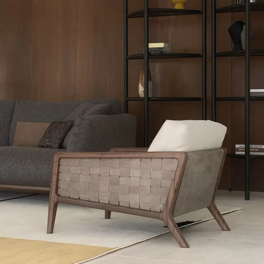 Exceptional Cierre1972 Iole lounge chair with light brown wood frame and woven backrest in light cream cushioning