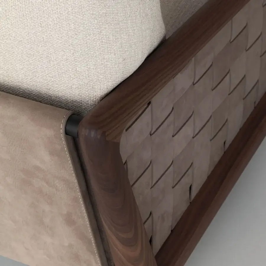Handcrafted Cierre1972 Iole lounge chair with dark stained wood and light beige woven textile upholstery detailing