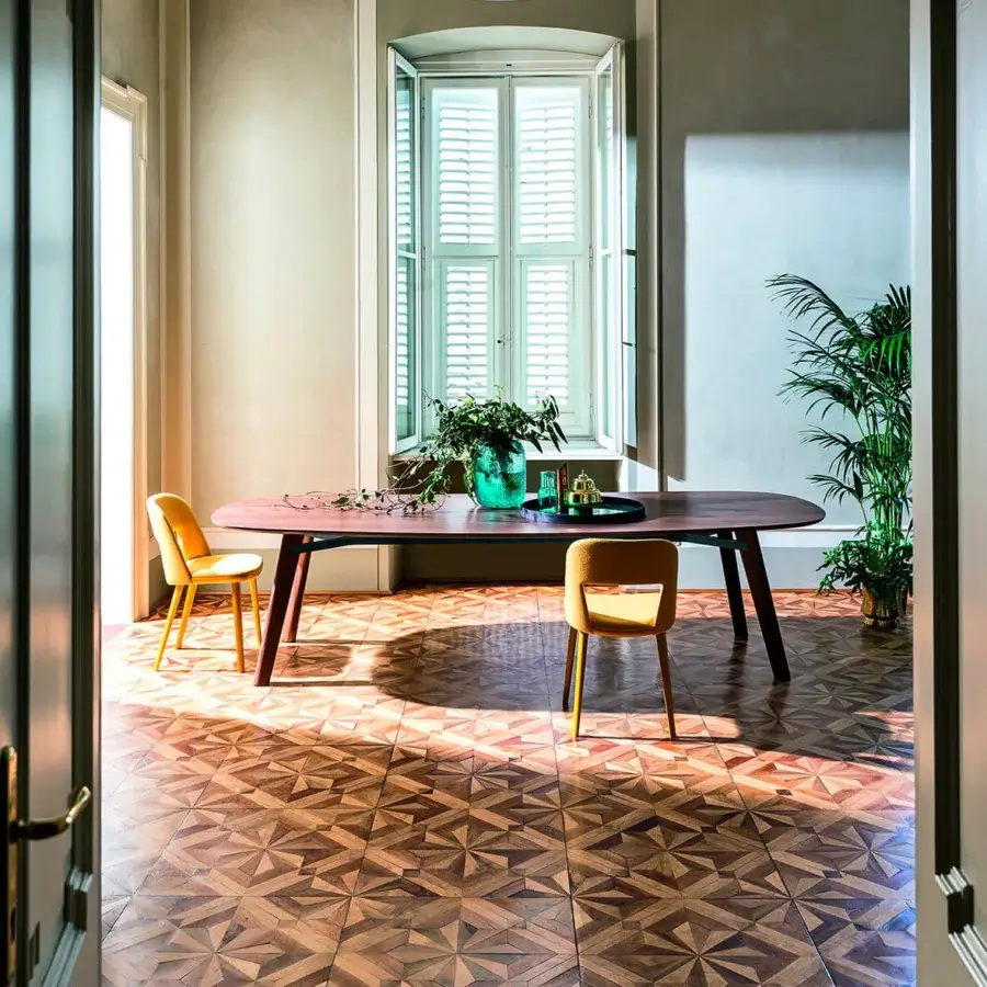 Distinguished Bross Beleos table with luxury wood top and wood legs in a smooth medium-toned brown finish crafted in Italy