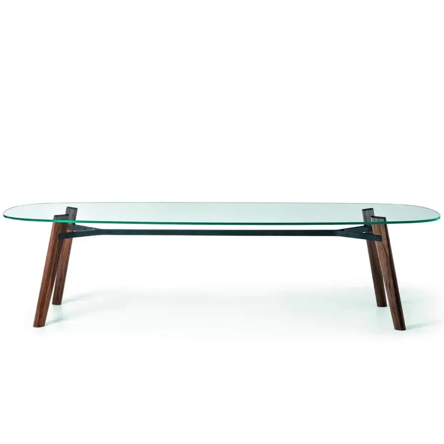 Elegant Bross Beleos table with extra clear glass and dark brown wood legs connected by bronze lacquered metal