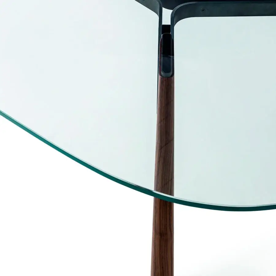 Elegant Bross Beleos table with extra clear glass and bronze lacquered metal, crafted with a matte finish wood leg