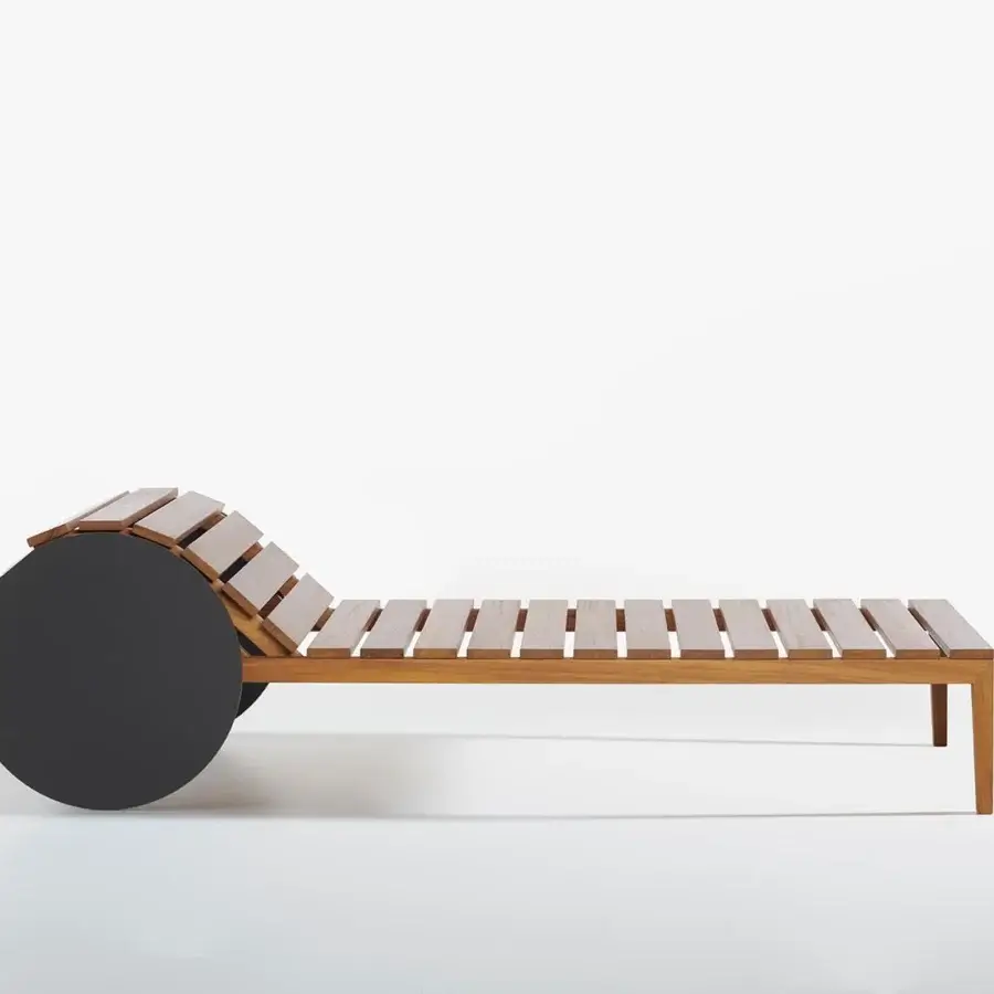 Superior Potocco Suno lounger with light brown Iroko wood slats and dark-colored HPL wheels for outdoor use