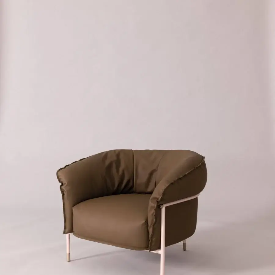 Distinguished Cierre1972 Mac lounge chair with light pink painted metal and supple olive-brown leather upholstery crafted in Italy