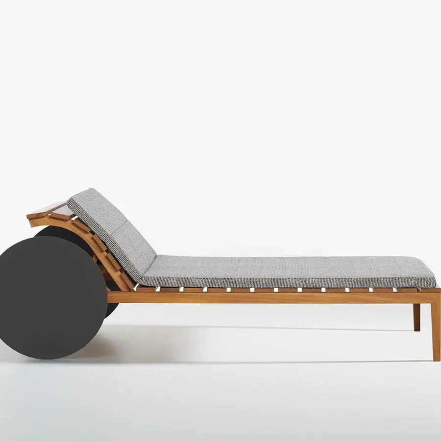 Elegant Potocco Suno lounger with textured gray padded mattress and Iroko wood slats built with a smooth warm finish