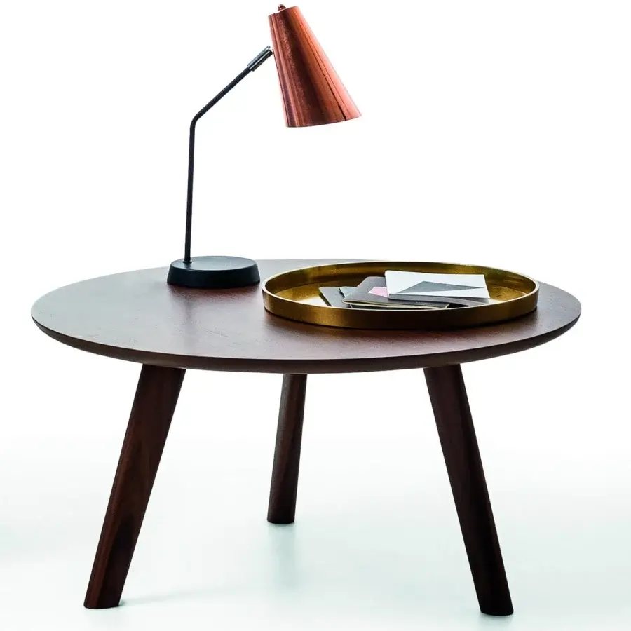 Superior Bross Beleos coffee table with dark brown wood top and subtly tapered wood legs in matte finish