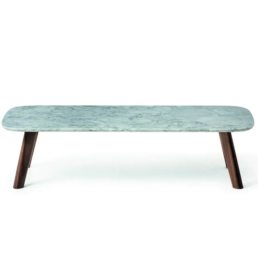 Elegant Bross Beleos coffee table in light blue-grey marbled and dark brown tapered wood crafted in Italy
