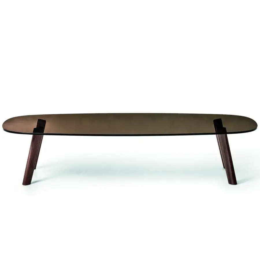 Superior Bross Beleos coffee table with tinted brown glass top and dark finished wooden legs