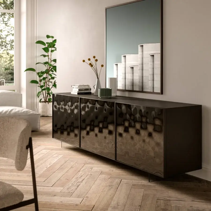 Elegant Ozzio Italia Sarah sideboard with dark brown lacquered structure and curved aluminum-framed mirror cladding