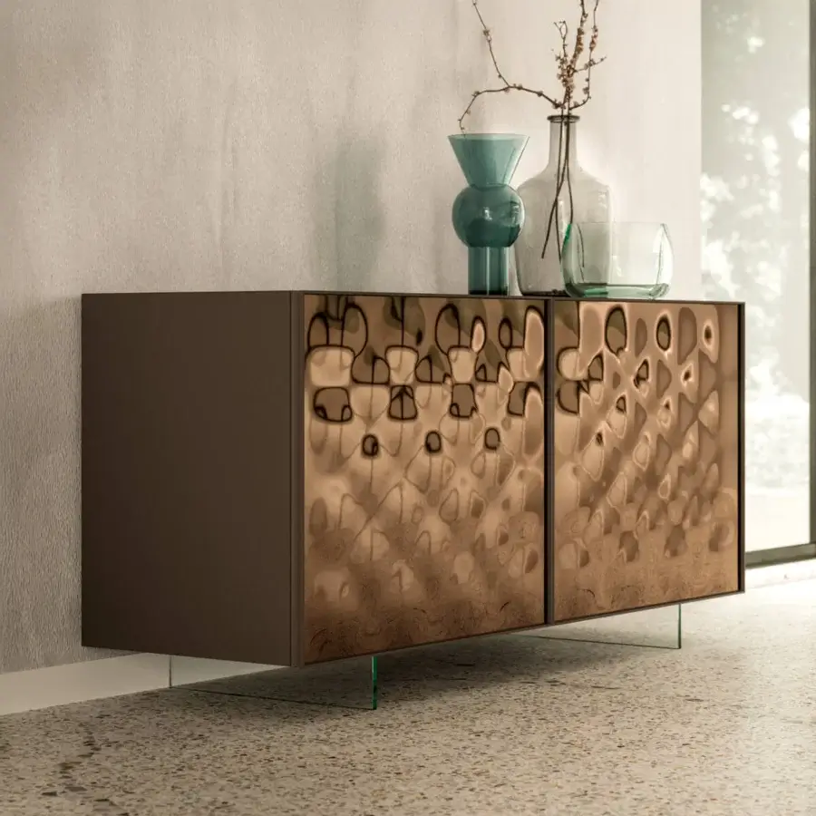 Captivating Ozzio Italia Sarah sideboard with lacquered structure and textured bronze doors in an aluminum frame with clear glass feet