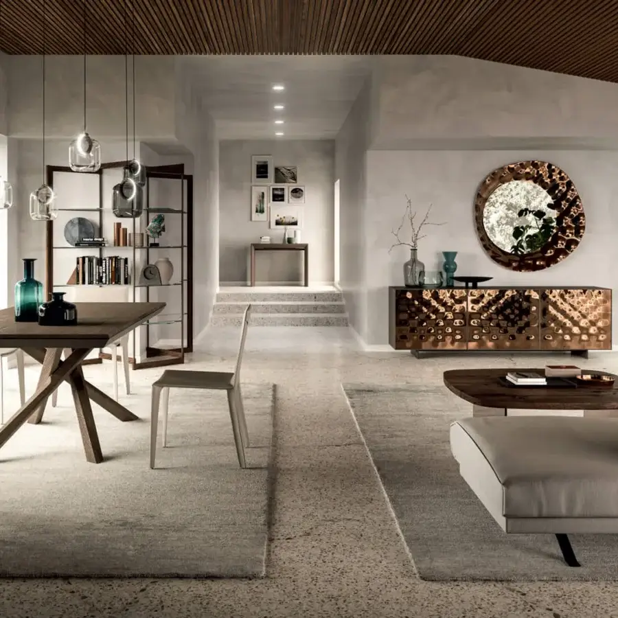 Distinguished Ozzio Italia Sarah sideboard with lacquered structure, curved mirror doors and copper-toned metallic facing crafted in aluminum
