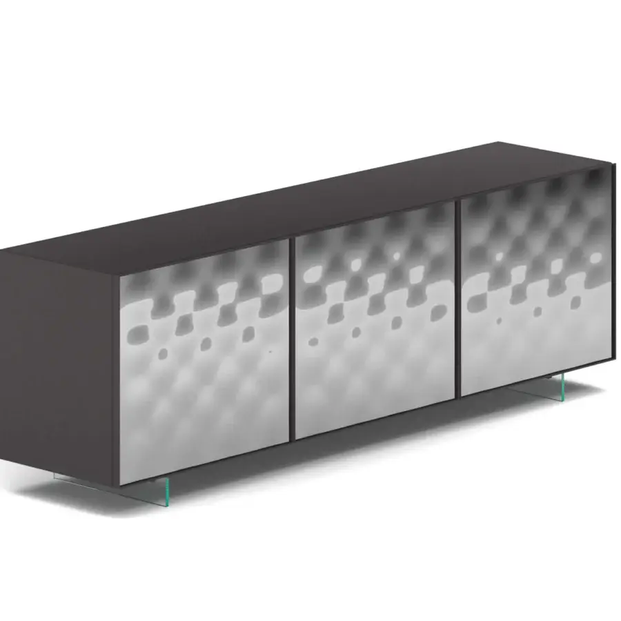 Exclusive Ozzio Italia Sarah sideboard with dark gray lacquered structure and curved mirror door cladding framed in aluminum