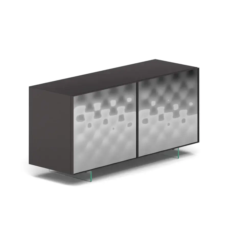 Superior Ozzio Italia Sarah sideboard with dark gray lacquered structure, curved mirror doors framed in aluminum and clear glass base