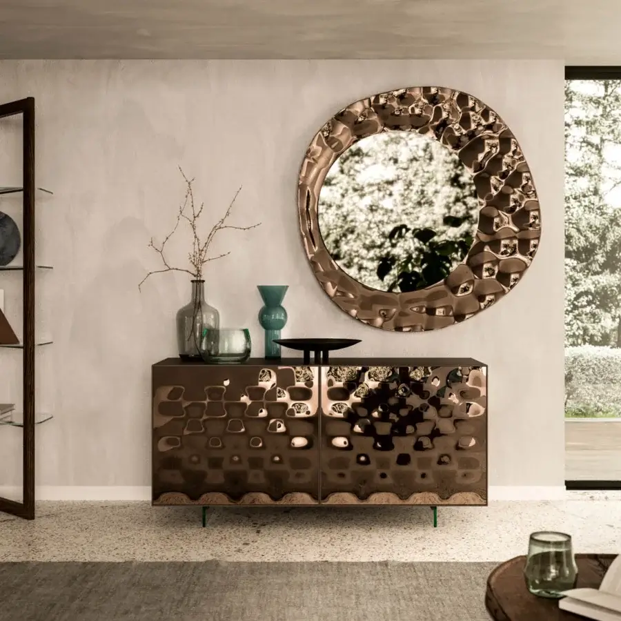 Exceptional Ozzio Italia Sarah sideboard with lacquered structure and curved mirror door cladding in bronze finish