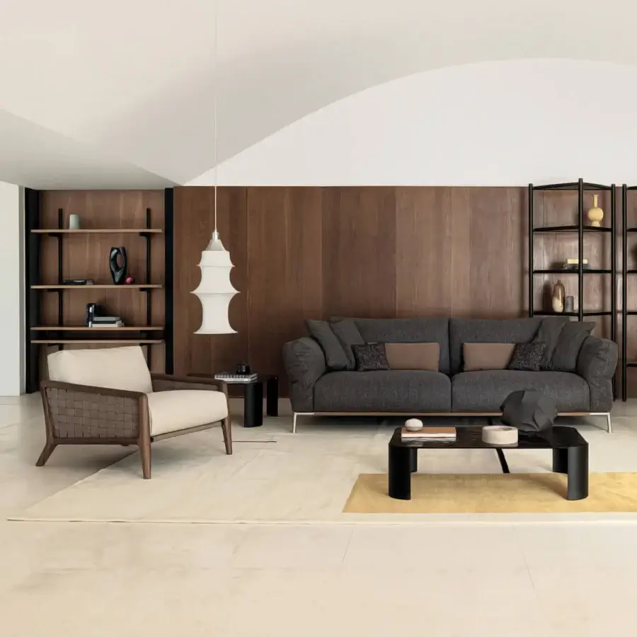 Exceptional Cierre1972 Iole lounge chair crafted in warm brown wood with light beige textile and woven detailing