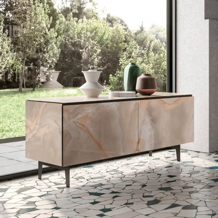 Elegant Ozzio Italia Plana sideboard with marble glass doors and swirling beige cream patterns complemented by dark painted metal legs