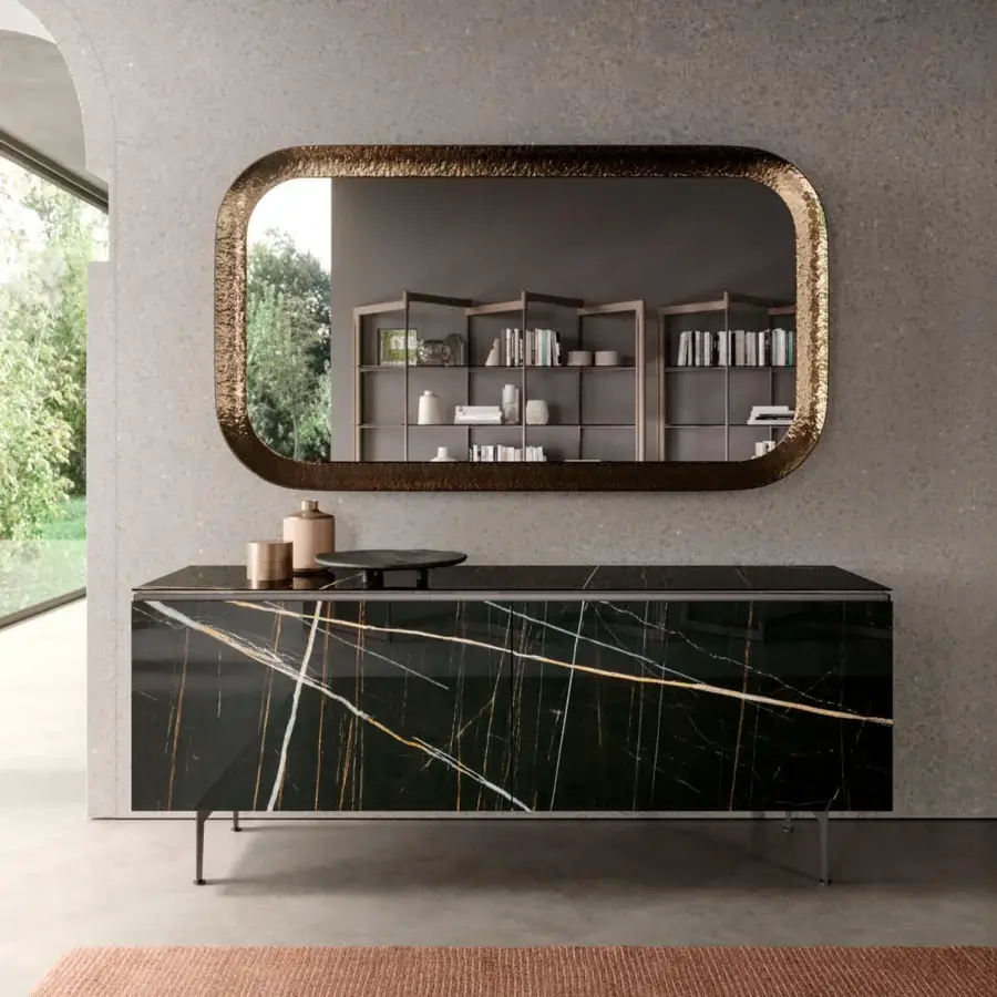 Exclusive Ozzio Italia Plana sideboard with marble glass coplanar doors and glossy black finish exhibiting white gold veining