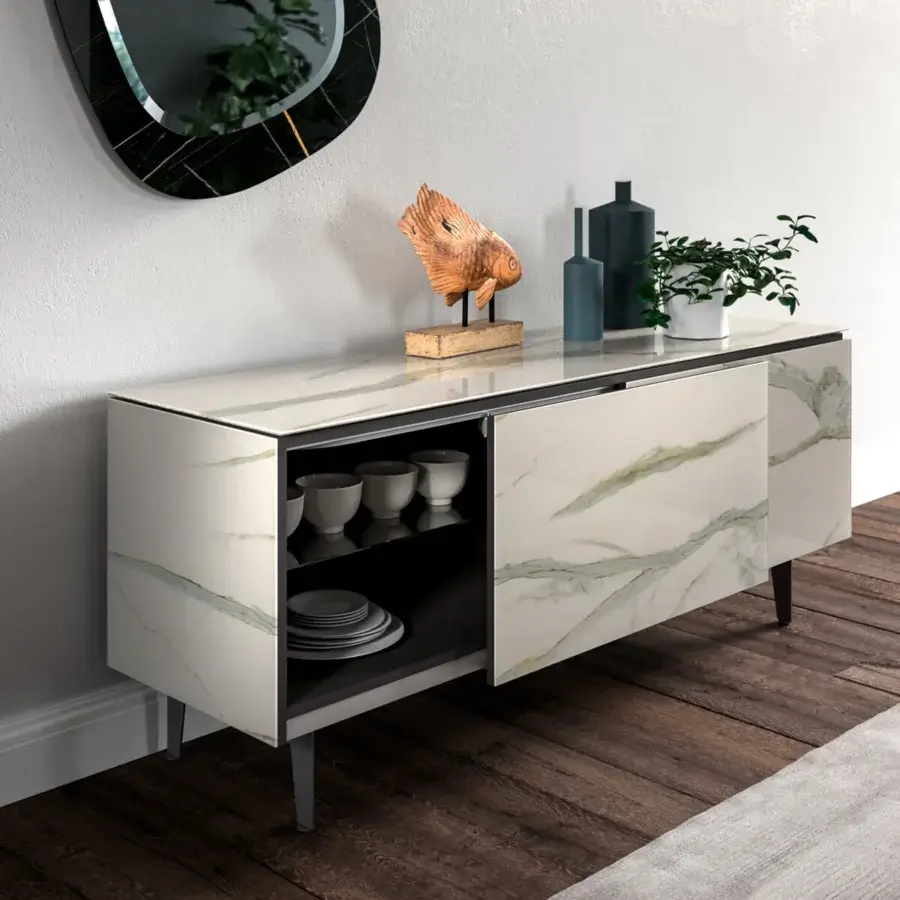 Distinguished Ozzio Italia Plana sideboard in off-white marble glass with green veining and painted metal legs