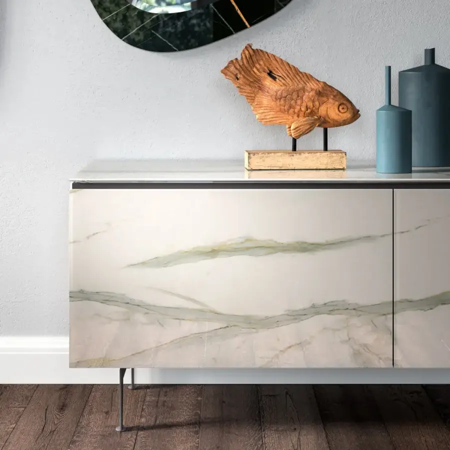 Superior Ozzio Italia Plana sideboard in light cream with marble glass coplanar doors and dark painted metal legs