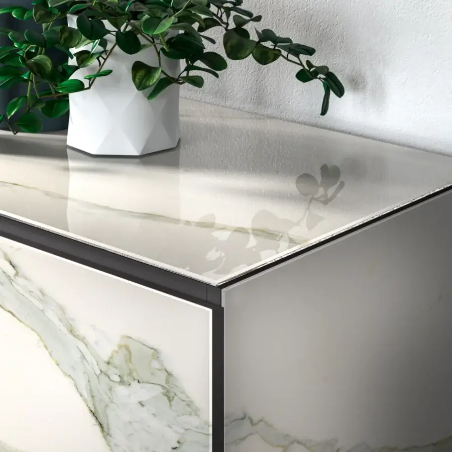 Elegant Ozzio Italia Plana sideboard with coplanar marble glass doors, painted metal legs and pale white, grey, green tones