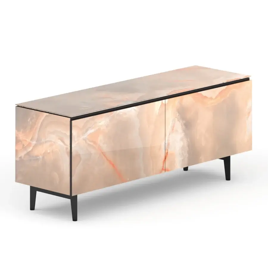 Distinguished Ozzio Italia Plana sideboard with marble glass doors, sides and top in beige, white and orange veining with glossy finish