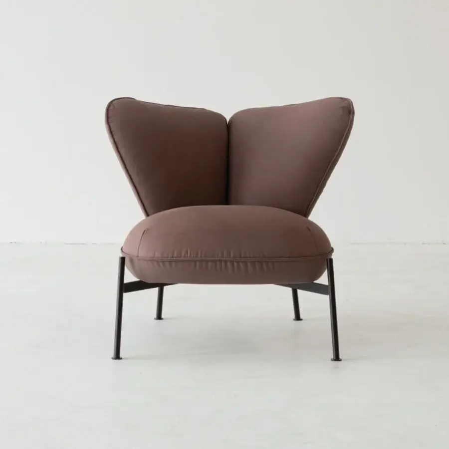 Elegant Cierre1972 Gina lounge chair with graceful form and muted brown matte textile upholstery supported by an angular metal base