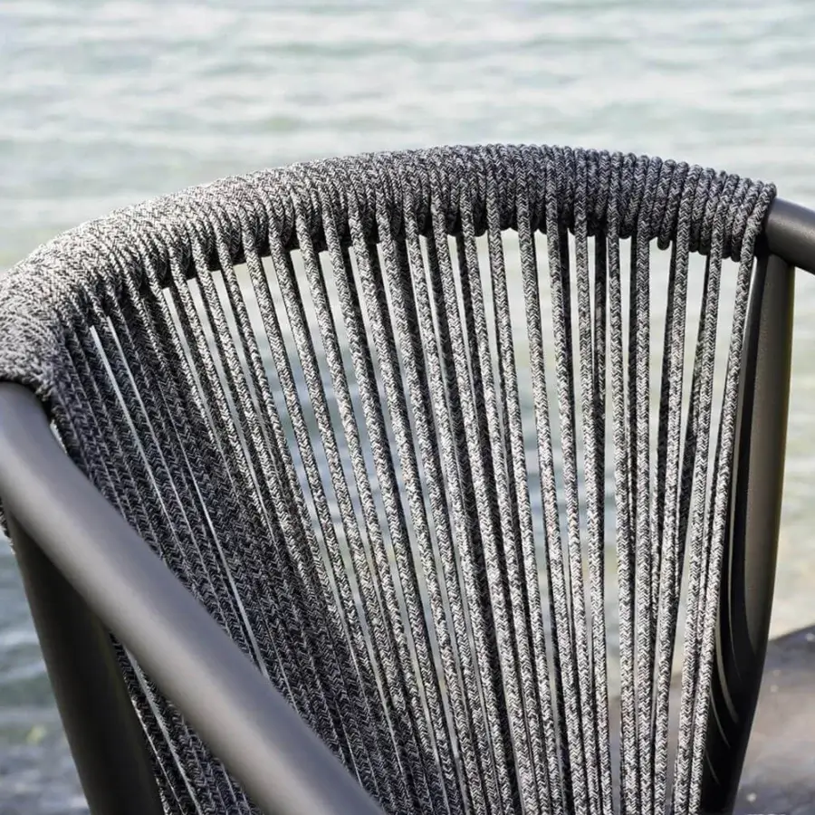 Elegant Varaschin Smart armchair with dark powder-coated aluminum and woven grey and white VAR#TEX technical mesh backrest