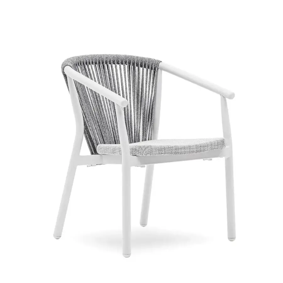 Distinguished Varaschin Smart armchair with white powder-coated aluminum, gray VAR#TEX PVC seat and woven gray synthetic rope backrest