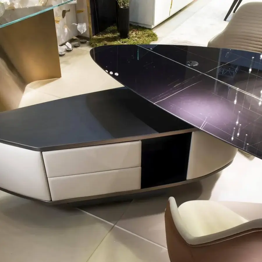Superior Reflex Vele desk with shaped Marble glass and unique bronze finished metal base crafted with adjustable drawers and leather sides