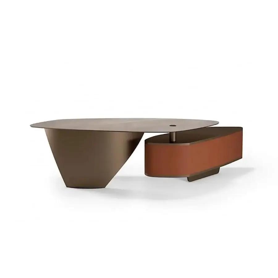 Exceptional Reflex Vele desk with shaped Marble glass, bronze finished metal base and reddish-brown leather covered adjustable unit