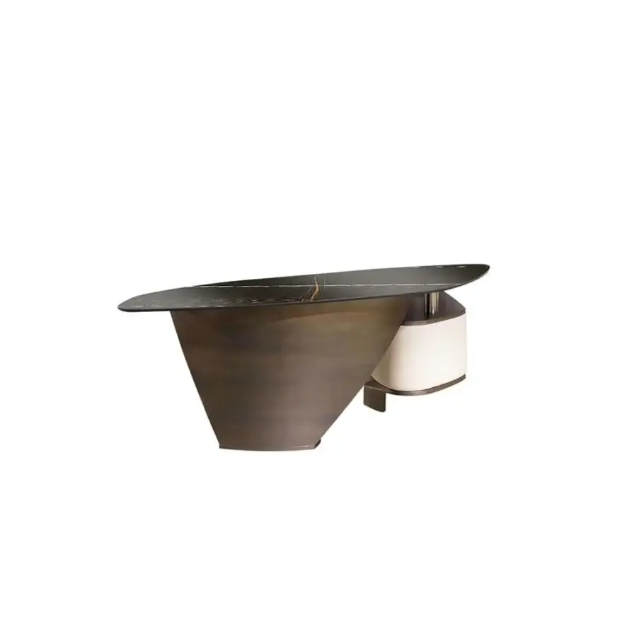 Elegant Reflex Vele desk with shaped Marble glass, a bronze finished metal base and leather covered adjustable unit