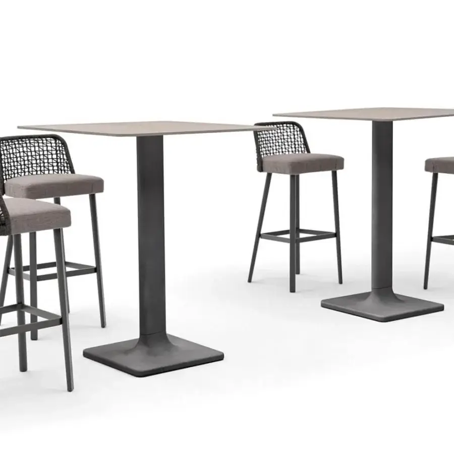 Elegant Varaschin Plinto bar table with light grayish-brown HPL and matte gray aluminum base inspired by tree roots