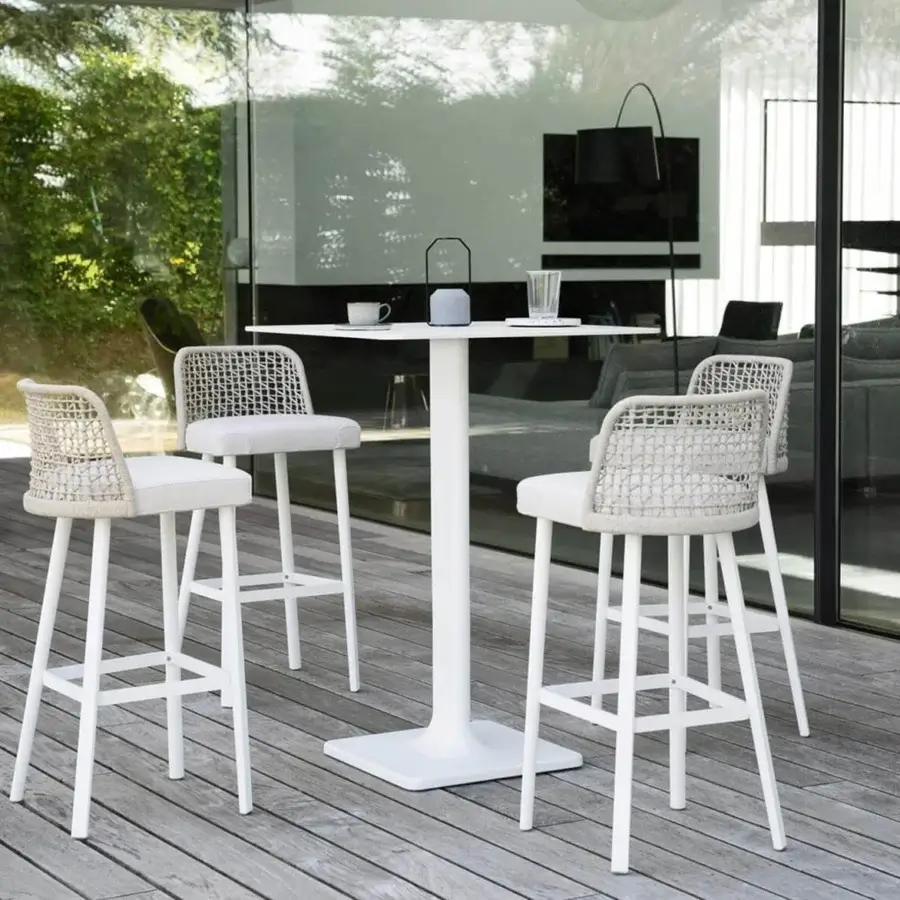 Distinguished Varaschin Emma stool with matte white metal frame and light-toned woven backrest in light textile finish