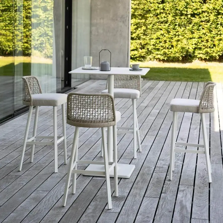 Elegant Varaschin Emma stool with iconic rope weaving and a white metal frame with beige woven backrest and seat