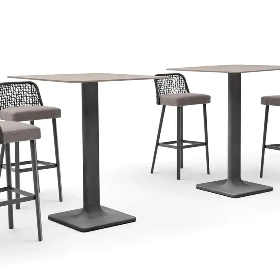 Exceptional Varaschin Emma stool with woven backrest crafted in dark gray matte metal and gray textile cushioning