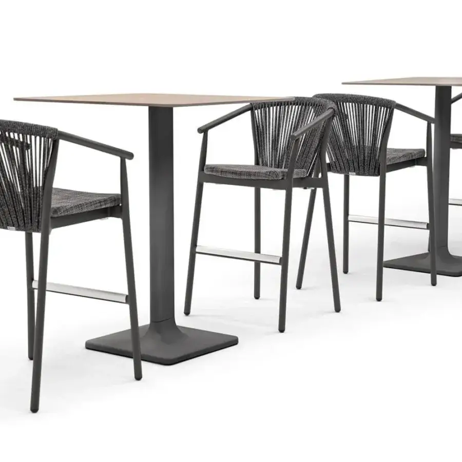 Sophisticated Varaschin Smart stool with dark synthetic rope backrest and textile-upholstered seat crafted in powder-coated aluminum