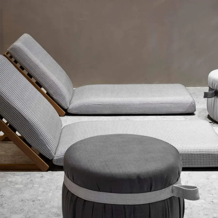 Superior Potocco Herm ottoman with dark and light gray textile upholstery and pleated detailing