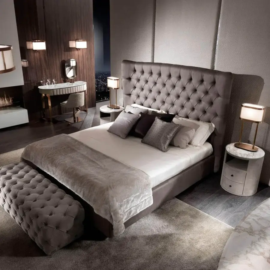 Exceptional DV Home Collection Adler Plus nightstand crafted in light gray leather with beveled marbled mirror top
