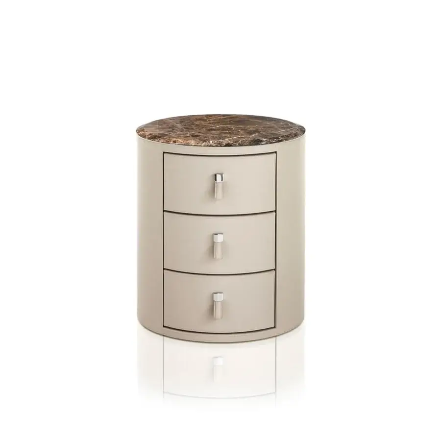 Distinguished DV Home Collection Adler Plus nightstand in light beige synthetic material with beveled marble top and rectangular metal handles