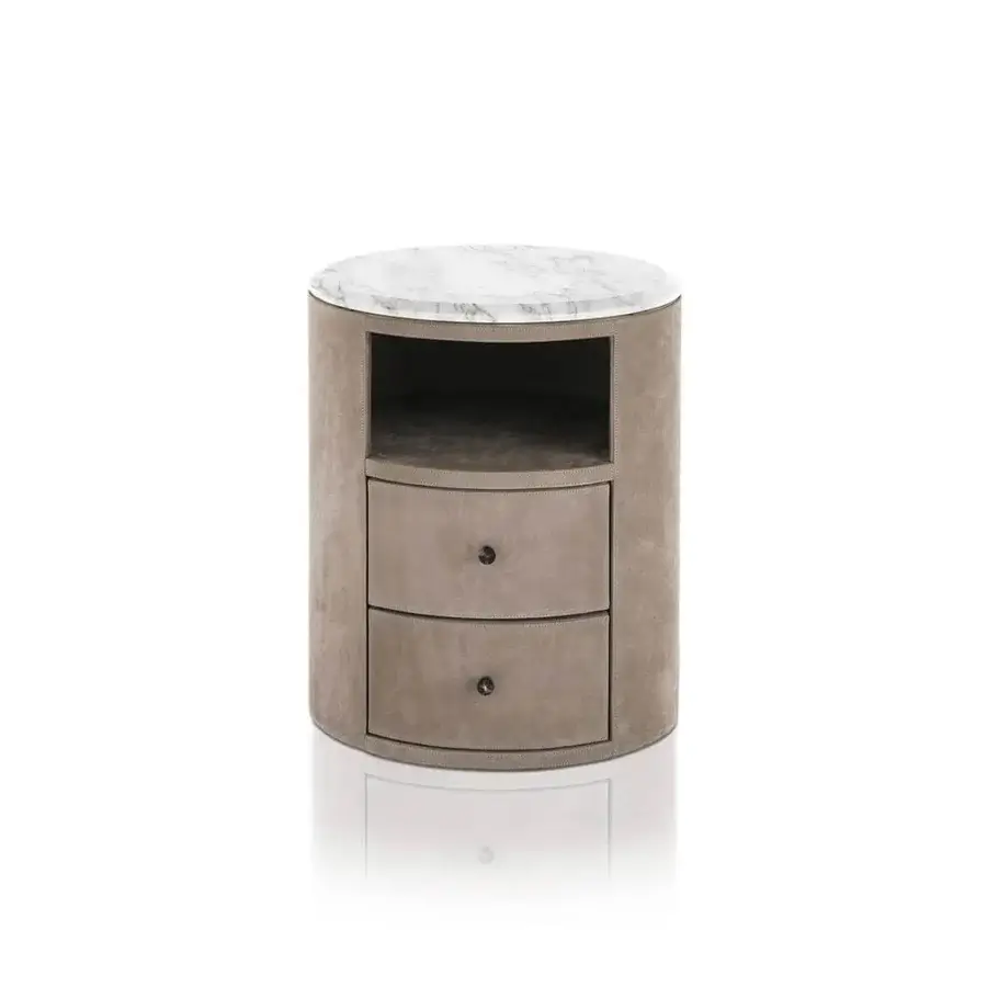 Superior DV Home Collection Adler Plus nightstand in taupe leather with beveled white and grey patterned marble top