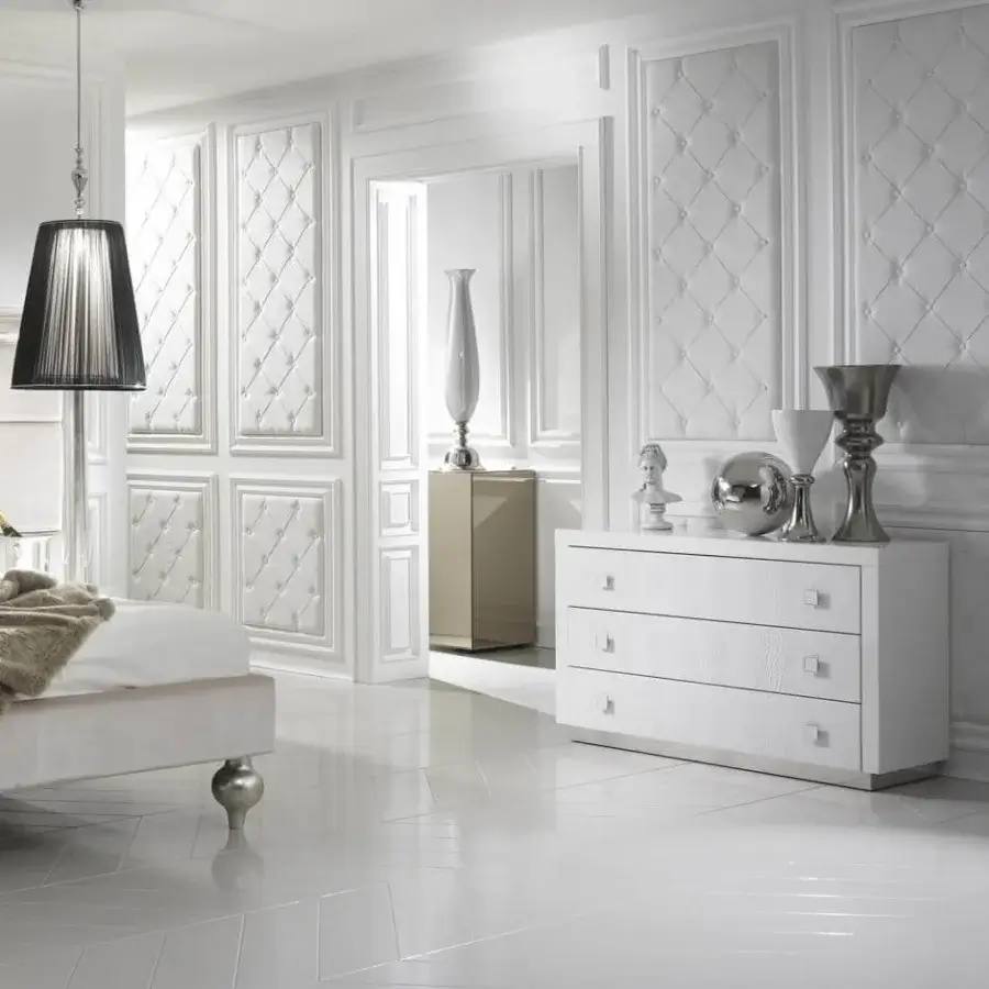Superior DV Home Collection Envy nightstand with white lacquered MDF and stainless steel base, accented by leather drawers