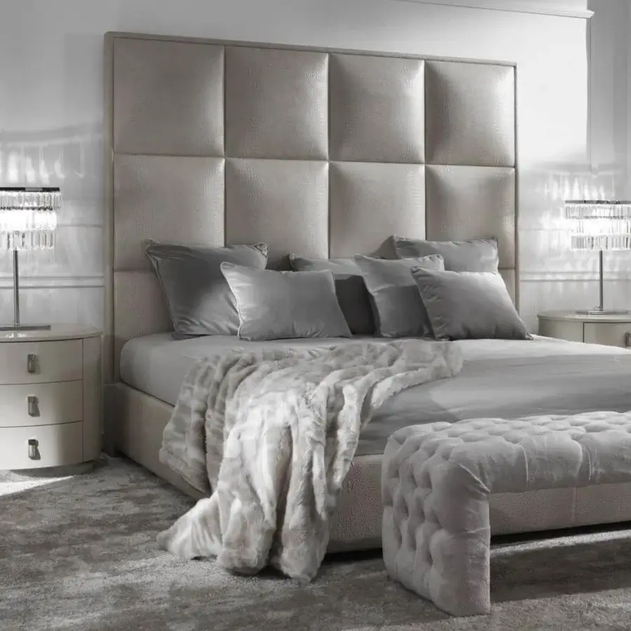 Superior DV Home Collection Vogue nightstand in light beige with glossy lacquered MDF, leather drawers and stainless steel base