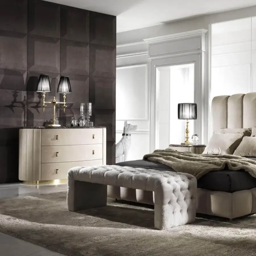 Distinguished DV Home Collection Vogue dresser with light cream shining lacquer and dark contrasting top built with a stainless steel base