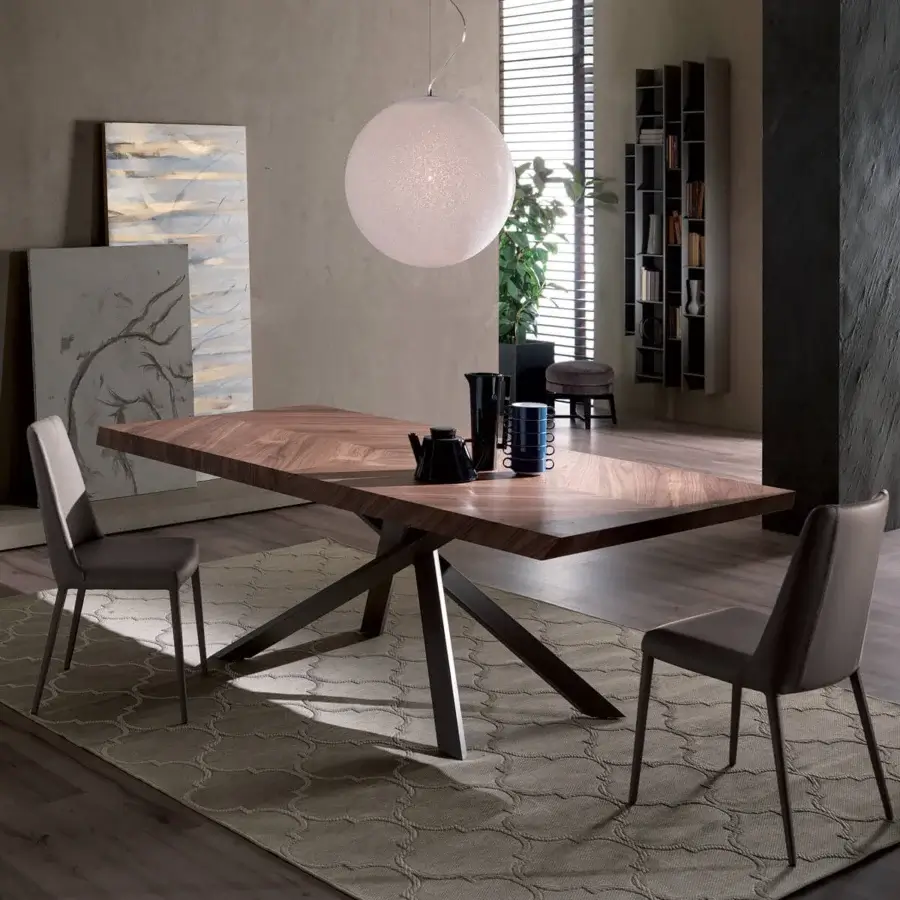 Distinguished Ozzio Italia 4x4 table with painted metal base and chevron patterned wooden top crafted in dark brown tones